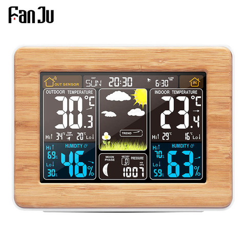 FanJu цифровые часы с будильником, беспроводной Барометр с датчиком температуры и влажности, метеостанция, настольные электронные часы ► Фото 1/6