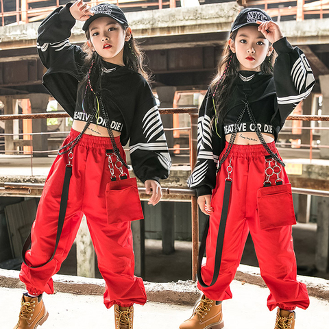 Одежда в стиле хип-хоп, костюм для джазовых танцев для девочек, черные топы с длинным рукавом, красные брюки-карго, детская одежда для выступлений в стиле хип-хоп, одежда для Rave 5049 ► Фото 1/6