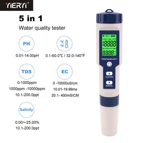 Yieryi новейший тестер качества воды 5 в 1 TDS/EC/PH/солености/температуры с заменяемыми электродами, может измерять неморскую соленность ► Фото 1/6