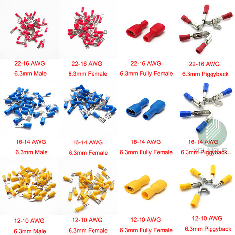 100 PK полностью изолированный гнездовой штекер вилка Электрический коннектор обжимные клеммы 6,3 мм Проводные наконечники 22-10 AWG ► Фото 1/4