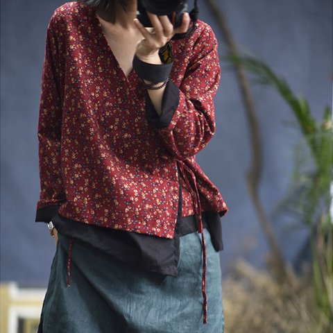 Женский винтажный кардиган Johnature, свободная рубашка с длинным рукавом, v-образным вырезом и поясом, весна 2022 ► Фото 1/6