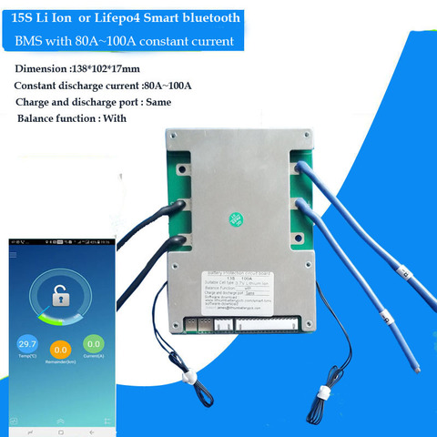 Литий-ионный аккумулятор 15S или Аккумулятор Lifepo4 Smart BMS с поддержкой Bluetooth и печатной платой программного обеспечения для ПК с постоянным током 100 А ► Фото 1/4