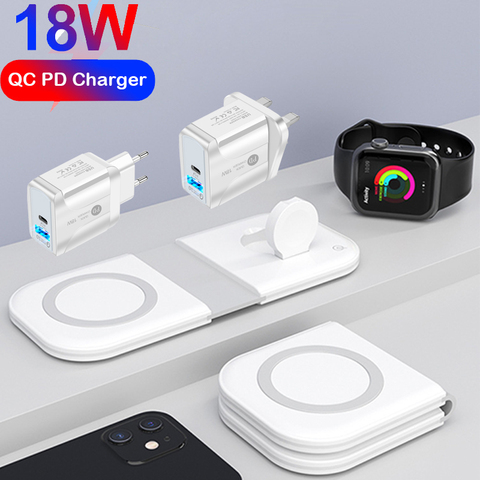 Магнитное Беспроводное зарядное устройство 2 в 1 для iPhone 12 Mini 12 Pro Max Magsafing, быстрая зарядка для Apple Watch 18 Вт QC PD Type C ► Фото 1/6