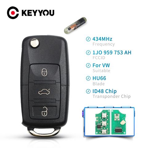 KEYYOU 433 МГц откидная оболочка ключа дистанционного управления для VW Golf Passat Polo Jetta Touran Бора Sharan 1J0959753DA 1J0959753AH 1K0959753G ID48 ► Фото 1/6