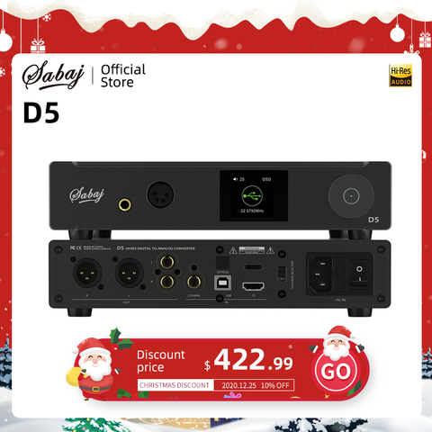 Аудио ЦАП Sabaj D5 ESS9038PRO, чип D/A, усилитель Heaphone, поддержка DOP и родной DSD512, 32 бит, USB, оптический коаксиальный вход I2S, черный ► Фото 1/6