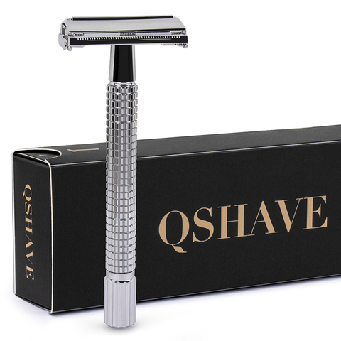 Qshave, безопасная бритва с двойной кромкой, длинная ручка, открытая Классическая Безопасная бритва серебристого цвета, 1 ручка и 5 лезвий ► Фото 1/6