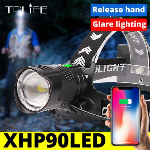 Светодиодный налобный фонарь XHP90.2, фонарь высокой мощности с фокусировкой и USB, 18650 лм, водонепроницаемое наружное освещение, XHP50 ► Фото 1/6