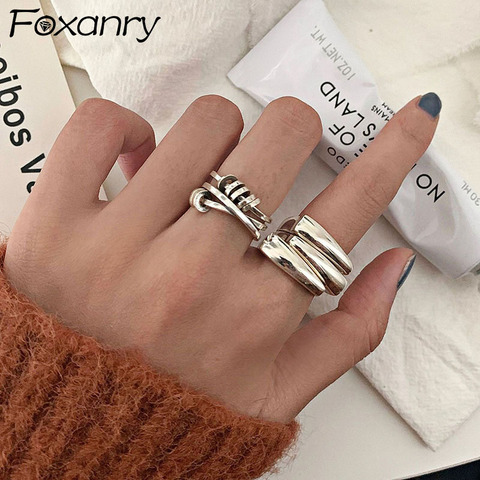 Foxanry минималистский 925 стерлингового серебра Гладкий кольца для женщин Новая мода неправильные геометрические в стиле панк, в стиле 
