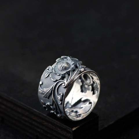 Женские серебряные кольца в стиле ретро, кольца из тайского стерлингового серебра 990 пробы с крупным широким кубическим пионом и цветами дл... ► Фото 1/6