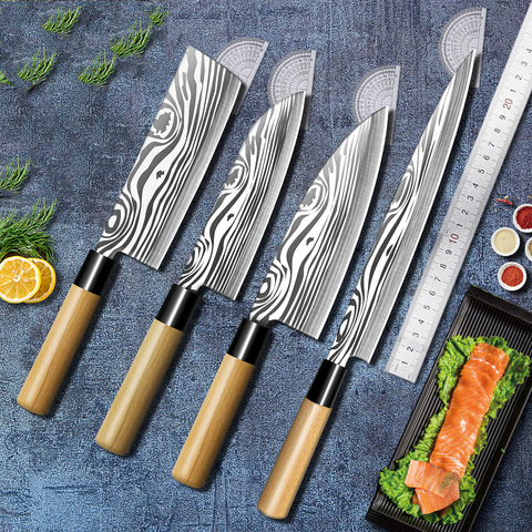 Набор японских кухонных ножей шеф-повара, набор острых ножей сантоку для резки рыбы, инструменты для готовки, 4 шт. ► Фото 1/6