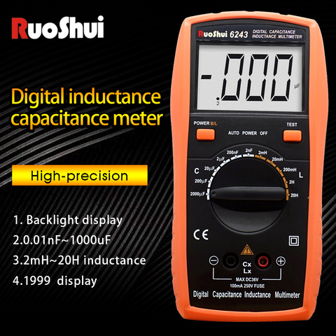 RuoShui 6243 цифровой измеритель емкости ручной LCR конденсатор тестер Высокая точность lcd подсветка электронный capacimetro тестер esr транзистор тестер ► Фото 1/6