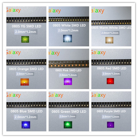 0805 smd led красный желтый зеленый белый синий розовый УФ лед RGB BIUE оранжевый светодиод 2,0*1,2*0,8 мм 100 шт ► Фото 1/2