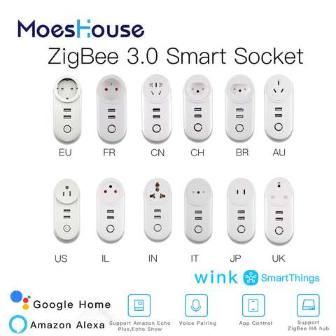Умная розетка ZigBee 3,0 с 2 usb-интерфейсом и дистанционным голосовым управлением, работает с Wink Echo Plus и большинством Zigbee Hub ► Фото 1/1