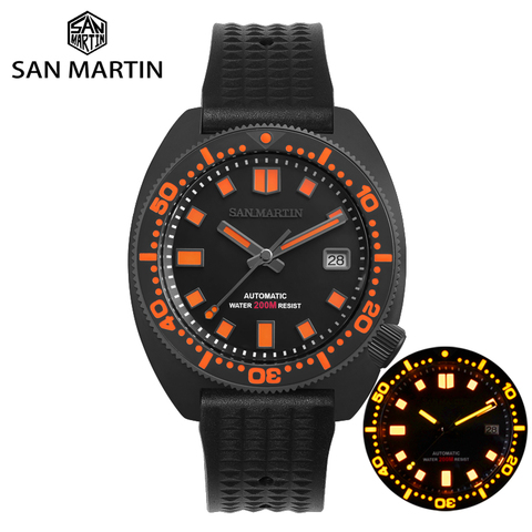 Часы San Martin Diver Black Warrior 6105, цветные суперсветящиеся автоматические механические мужские часы NH35 с сапфиром и датой 20 бар ► Фото 1/6