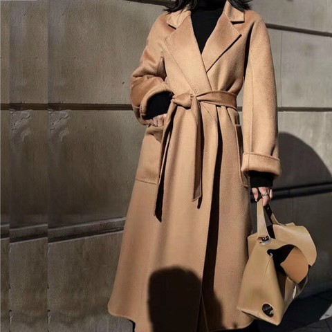 Зимнее популярное высококачественное шерстяное пальто в Корейском стиле из гофрированной воды 2022, модный длинный халат, стильная куртка из 100%-ной шерсти, Женское пальто ► Фото 1/6
