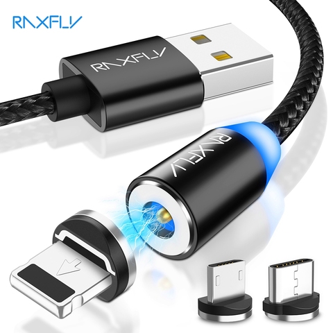 Магнитный кабель RAXFLY, разъем Micro USB Type C, для iPhone 11 Pro Max, Xiaomi Redmi, быстрая зарядка, светодиоидный, 1 м ► Фото 1/6