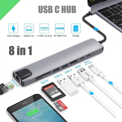 Тип C к HDMI концентратор USB C 4K PD 5A 87W док-станция Rj45 Lan USB 3,1 сплиттер USB-C аксессуары для доставки питания Для iMac air MacBook Pro ► Фото 1/6