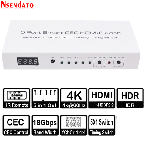 4K * 2k 5 в 1 выход HDR HDMI адаптер переключатель 5 портов Smart CEC HDMI таймер переключатель с IR Romote для Dolby DTS HD LPCM HDTV PS3 PS4 ► Фото 1/6