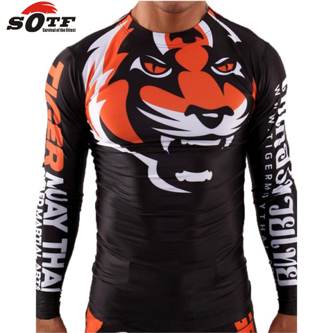 SOTF облегающая эластичная одежда для бодибилдинга Tiger Muay Thai MMA Muay Thai боксерская рубашка с длинным рукавом серии «Signature» черного и оранжевого ц... ► Фото 1/6