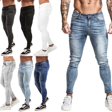 GINGTTO эластичные мужские джинсы, зауженные джинсы для мужчин 2022, Стрейчевые рваные брюки, уличная одежда, мужские джинсы синего цвета ► Фото 1/6