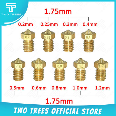 5 шт./лот для сопла E3D V5 0,2/0,25/0,3/0,4/0,5/0,6/0,8/1,0/1,2 мм, медная нить 1,75 мм, резьба М6, латунная деталь для 3D-принтера ► Фото 1/5